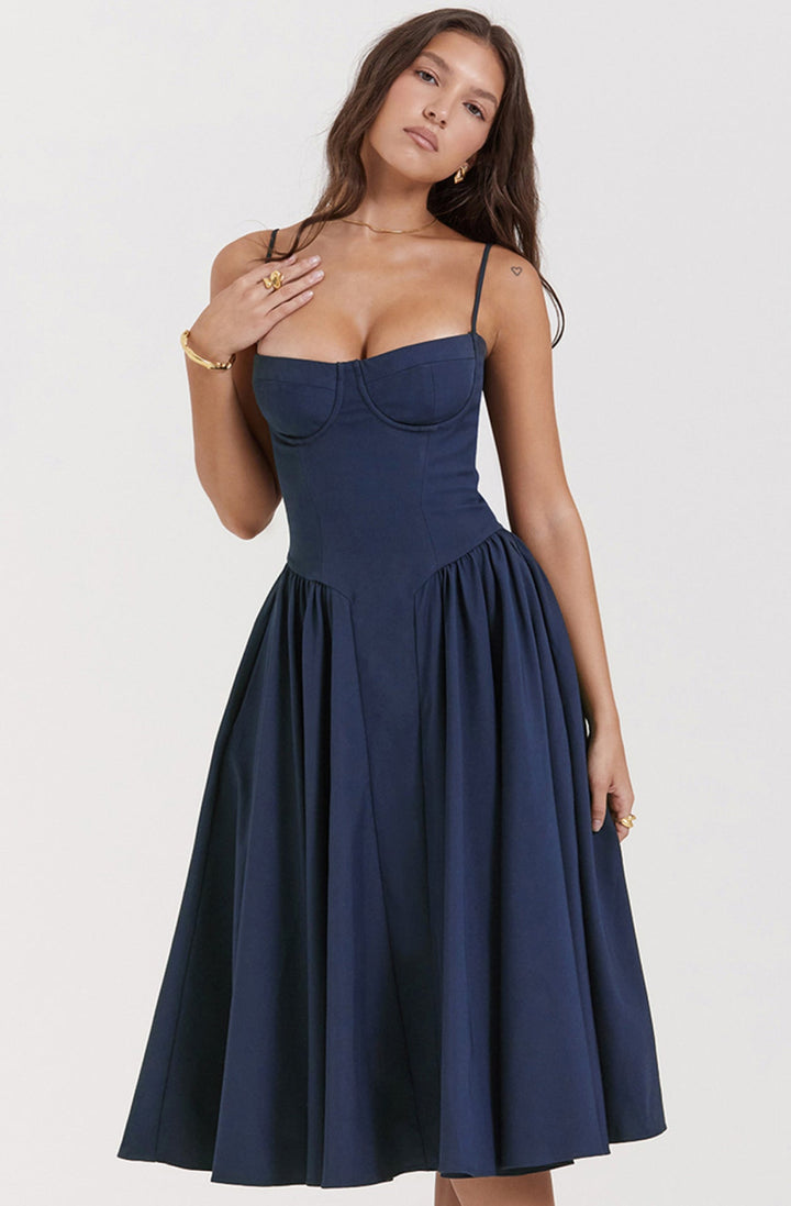 Stylish ladies' summer dress with spaghetti straps & waist corset – Mira-Blue-S-The Livary