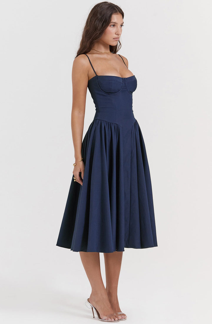 Stylish ladies' summer dress with spaghetti straps & waist corset – Mira-Blue-S-The Livary