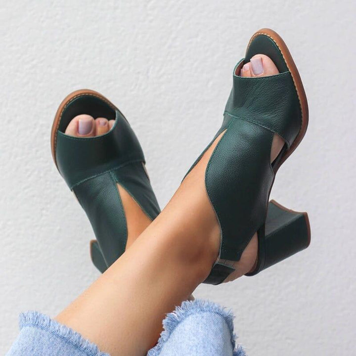 Women’s leather sandals with heel & comfort footbed – Selina-Army green-2.5-The Livary