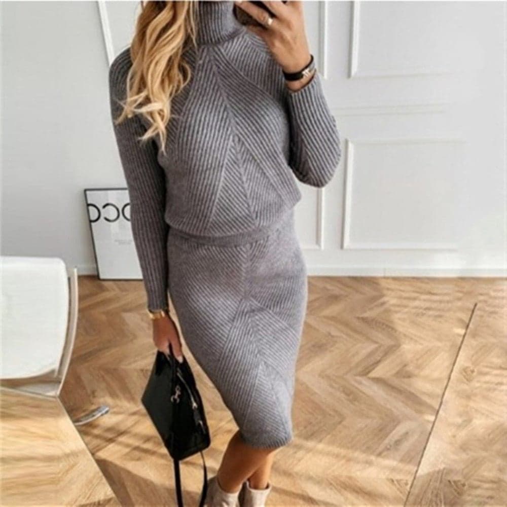 Casual Knitted Set (Sweater + Skirt) - Mira-Grey-S-The Livary