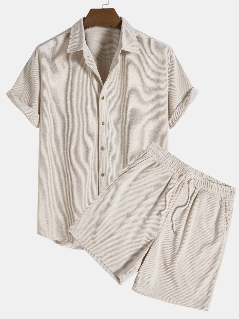 Stylish men's summer set with shirt and cord shorts - SummerCore-Beige-S-The Livary