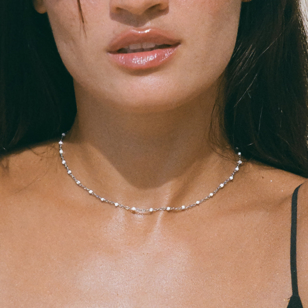 Choker with White Enamel Beads - Aurielle-Silver-The Livary