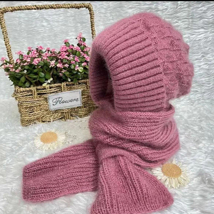 Warm Ladies Beanie with Integrated Scarf - Nora-Khaki-The Livary