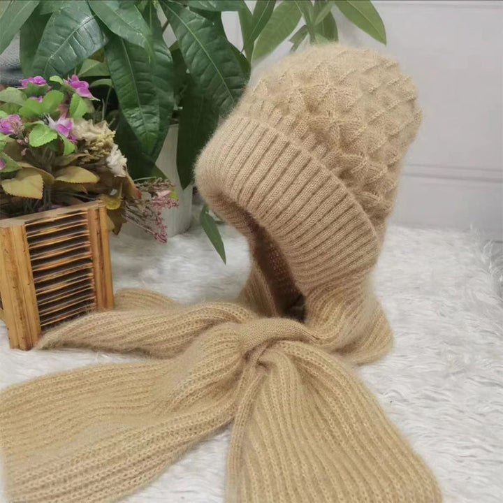Warm Ladies Beanie with Integrated Scarf - Nora-Khaki-The Livary