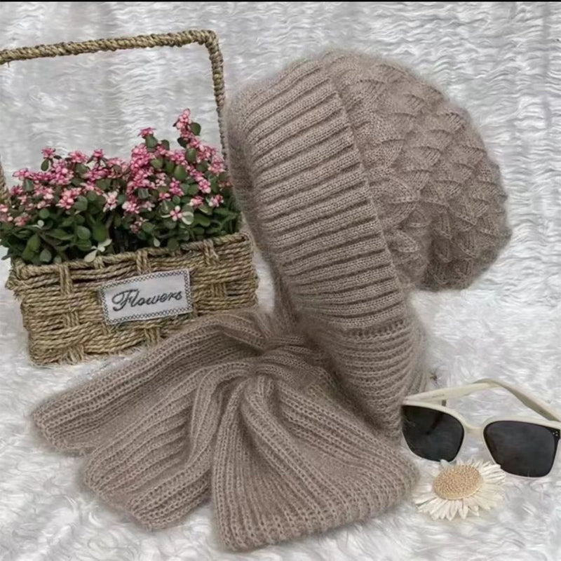 Warm Ladies Beanie with Integrated Scarf - Nora-Khaki-The Livary