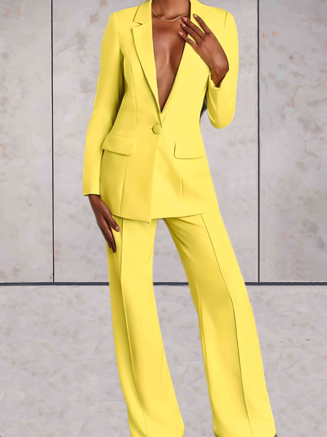 Ladies' business two-piece set with blazer & wide-leg trousers – Emilia-Yellow-S-The Livary