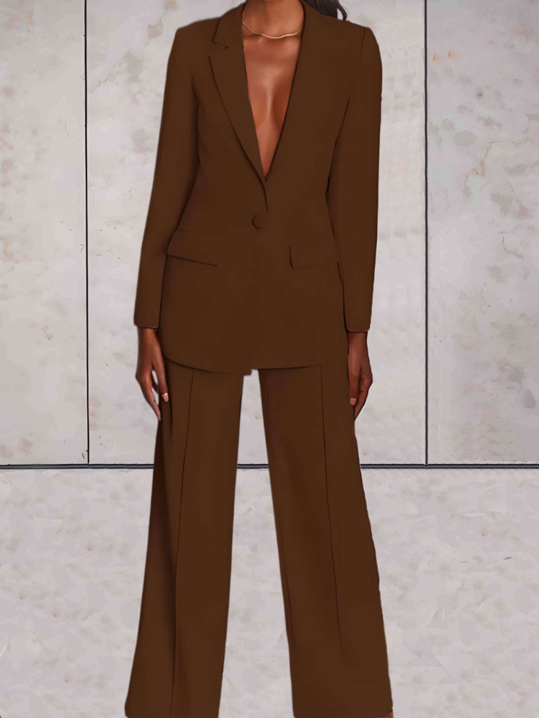 Ladies' business two-piece set with blazer & wide-leg trousers – Emilia-Brown-S-The Livary