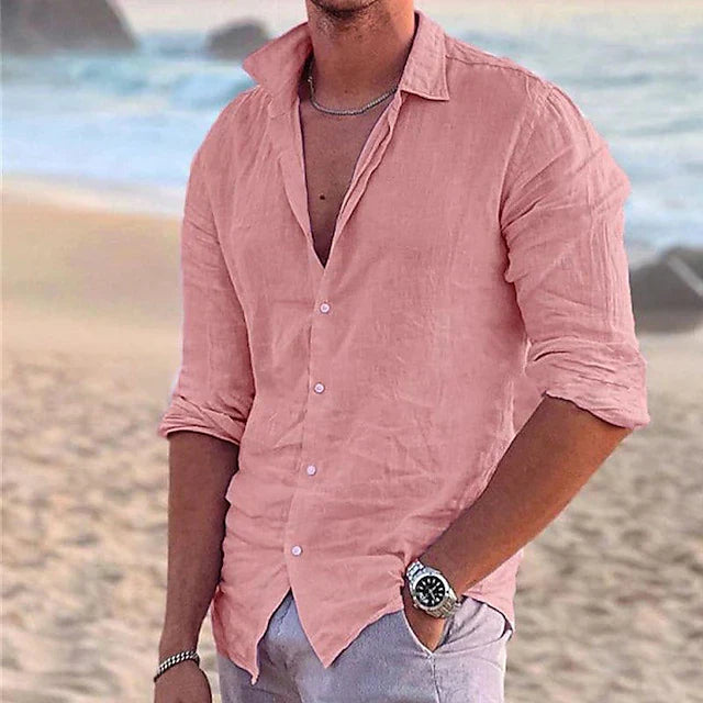 Casual men's linen shirt with long sleeves – Milan-Pink-S-The Livary