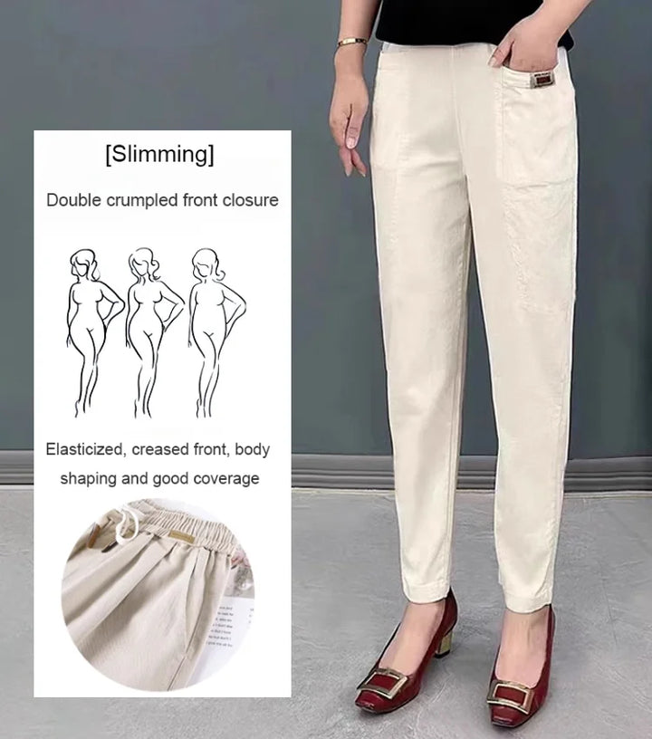 Light summer trousers made of cotton with stretch waistband – Linnea-Brick red-M-The Livary