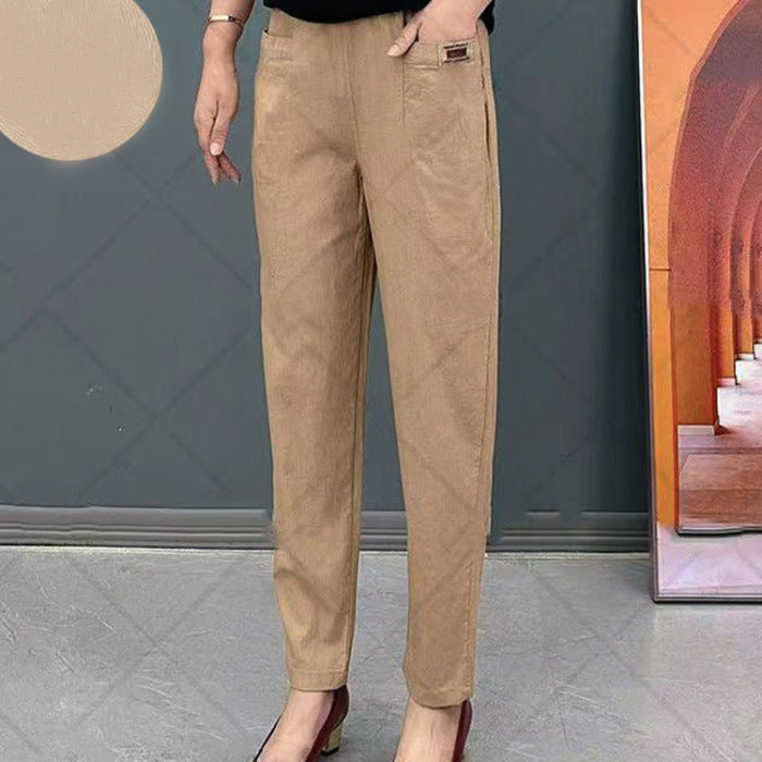 Light summer trousers made of cotton with stretch waistband – Linnea-Khaki-M-The Livary