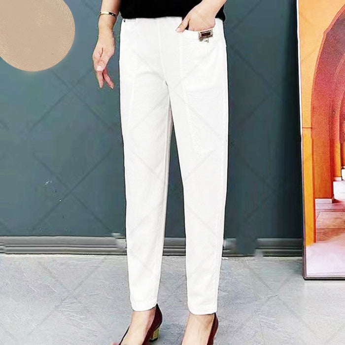Light summer trousers made of cotton with stretch waistband – Linnea-White-M-The Livary