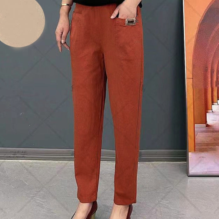 Light summer trousers made of cotton with stretch waistband – Linnea-Brick red-M-The Livary