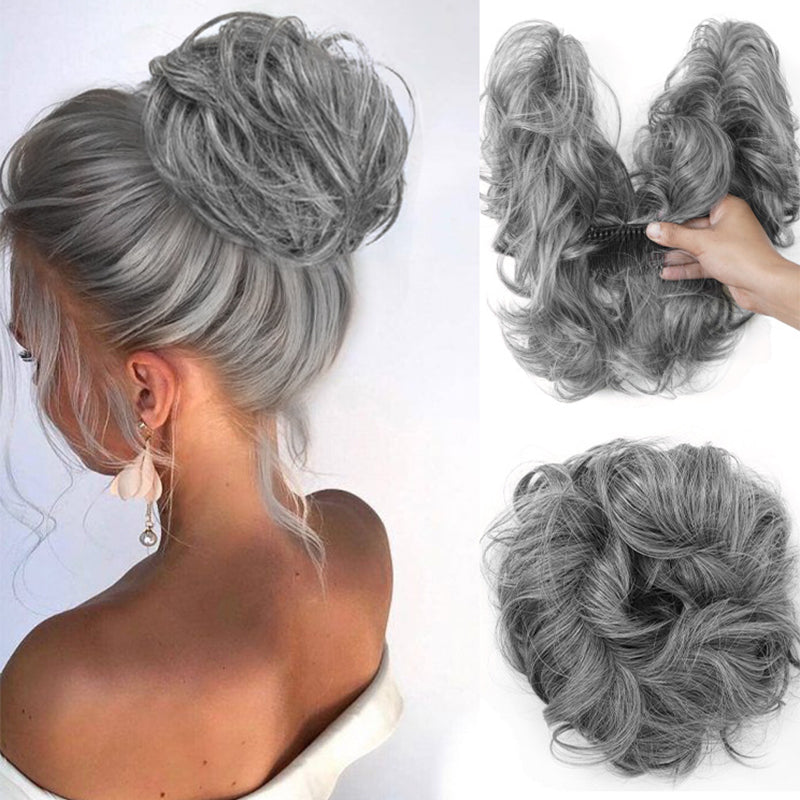 Messy Clip-in Bun with Side Clip – Elina-Silver Grey-The Livary
