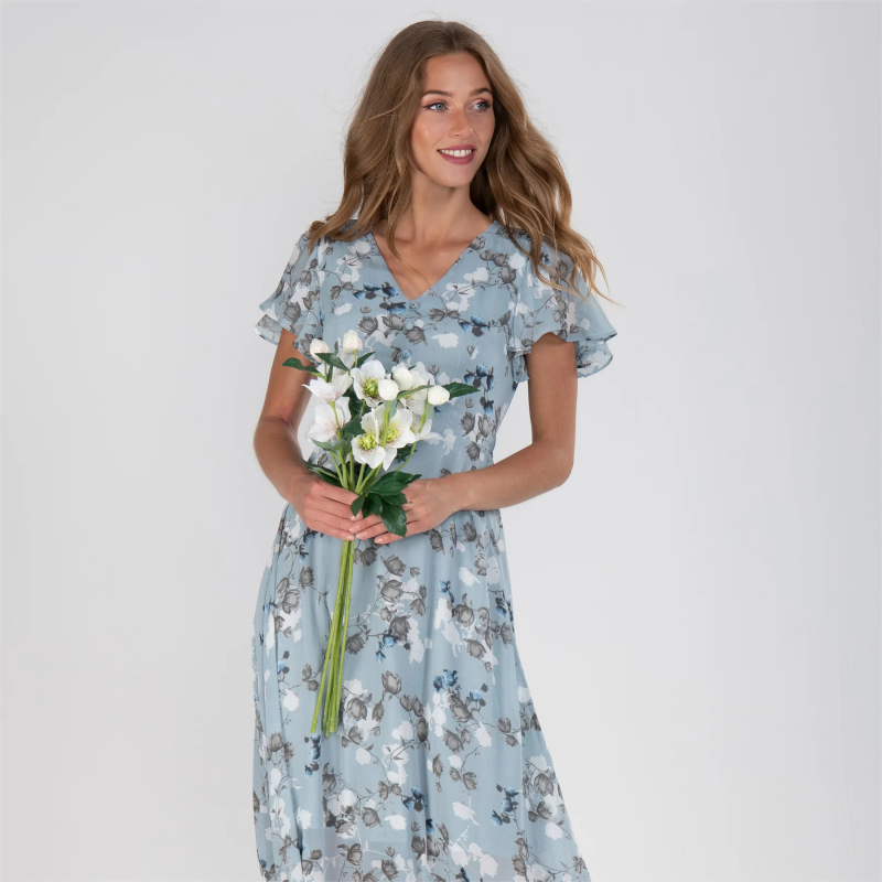 Flutter Sleeve Maxi Dress with Floral Print - Miranda-Light blue-S-The Livary