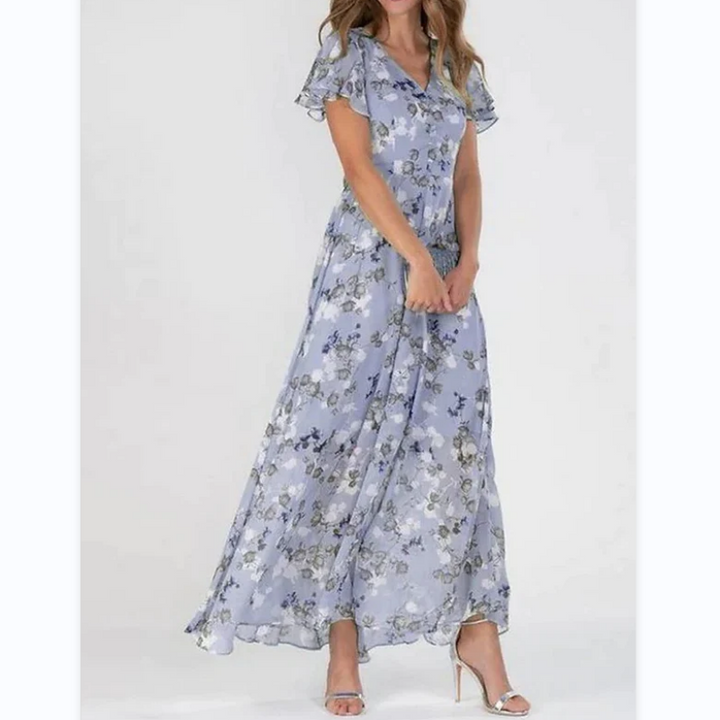 Flutter Sleeve Maxi Dress with Floral Print - Miranda-Purple-S-The Livary