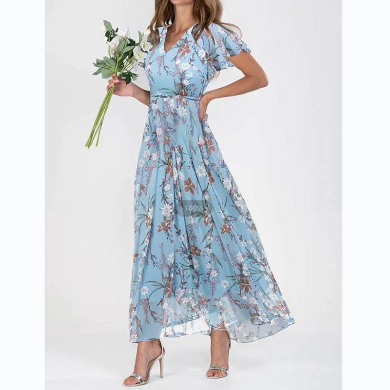 Flutter Sleeve Maxi Dress with Floral Print - Miranda-Dark blue-S-The Livary