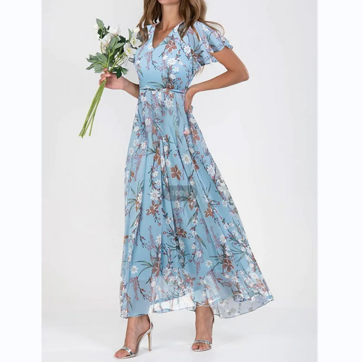 Flutter Sleeve Maxi Dress with Floral Print - Miranda-Dark blue-S-The Livary