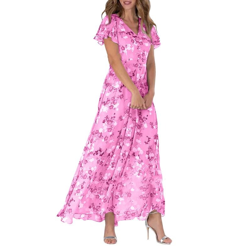 Flutter Sleeve Maxi Dress with Floral Print - Miranda-Pink-S-The Livary