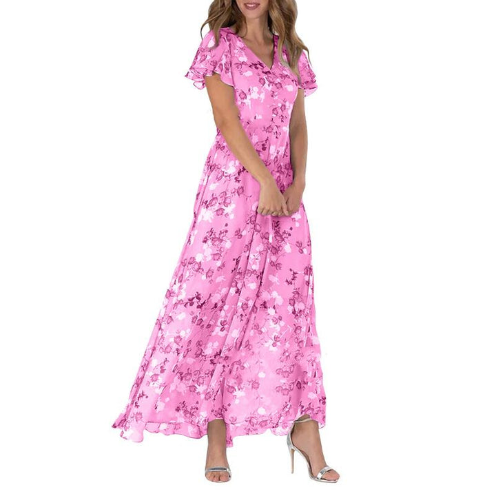 Flutter Sleeve Maxi Dress with Floral Print - Miranda-Pink-S-The Livary