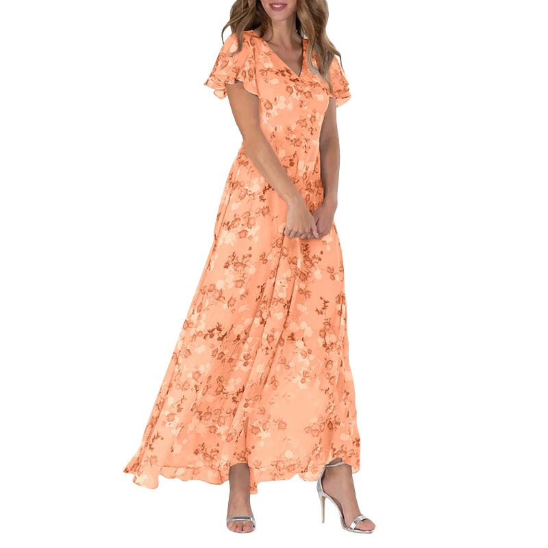 Flutter Sleeve Maxi Dress with Floral Print - Miranda-Orange-S-The Livary