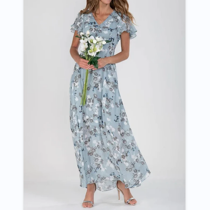 Flutter Sleeve Maxi Dress with Floral Print - Miranda-Light blue-S-The Livary