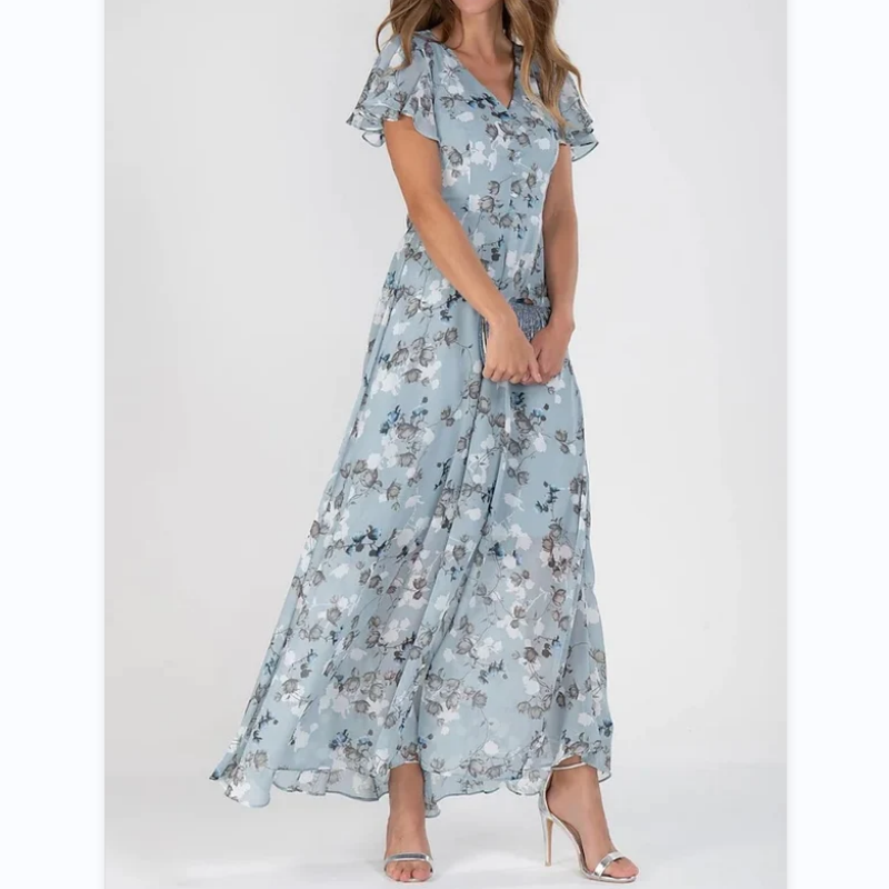 Flutter Sleeve Maxi Dress with Floral Print - Miranda-Light blue-S-The Livary