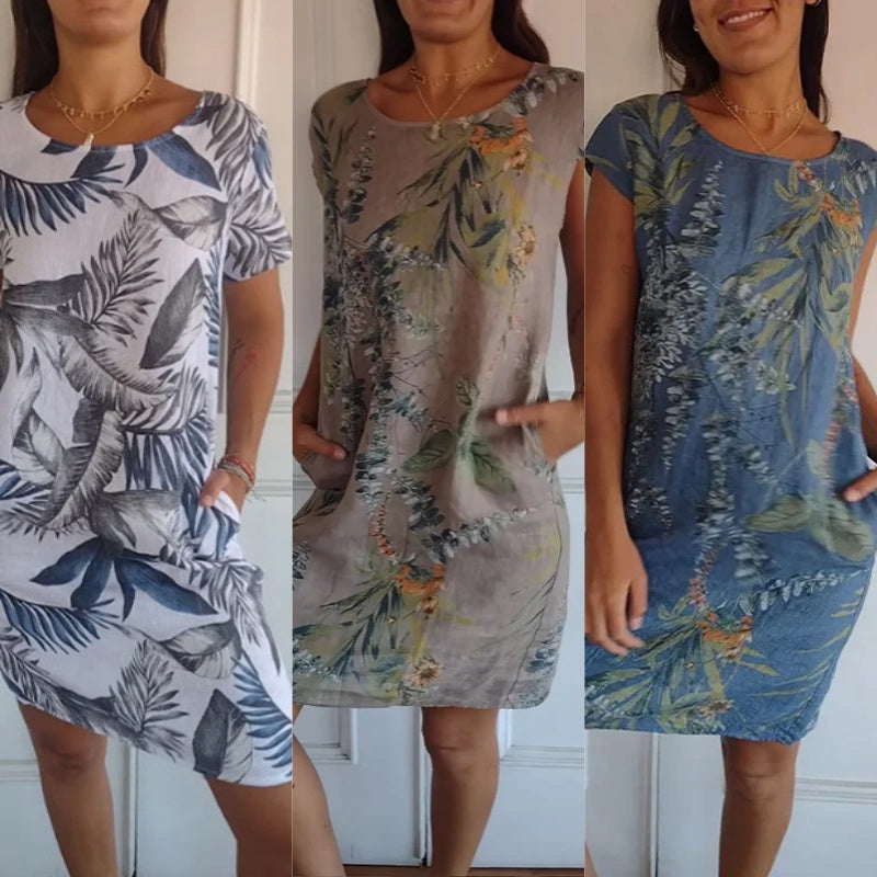 Botanical summer dress with round neck & floral A-line shape – Elvira-White-S-The Livary