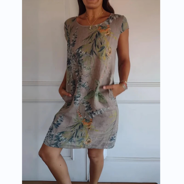 Botanical summer dress with round neck & floral A-line shape – Elvira-Khaki-S-The Livary