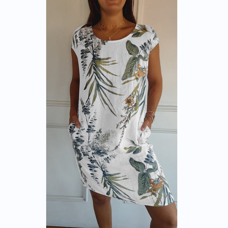 Botanical summer dress with round neck & floral A-line shape – Elvira-White-Green-S-The Livary