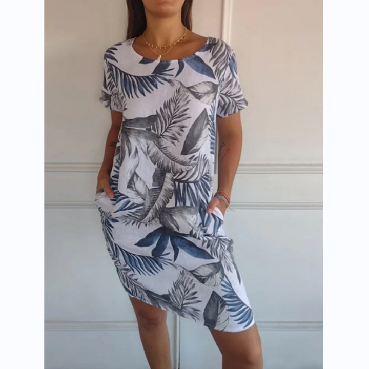 Botanical summer dress with round neck & floral A-line shape – Elvira-White-S-The Livary