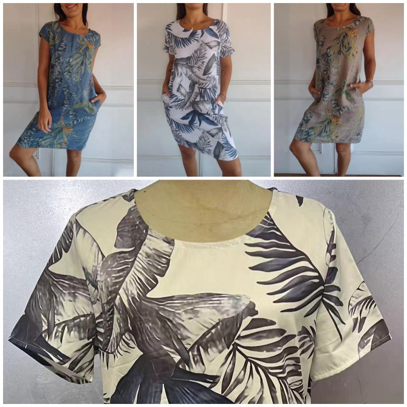 Botanical summer dress with round neck & floral A-line shape – Elvira-White-S-The Livary