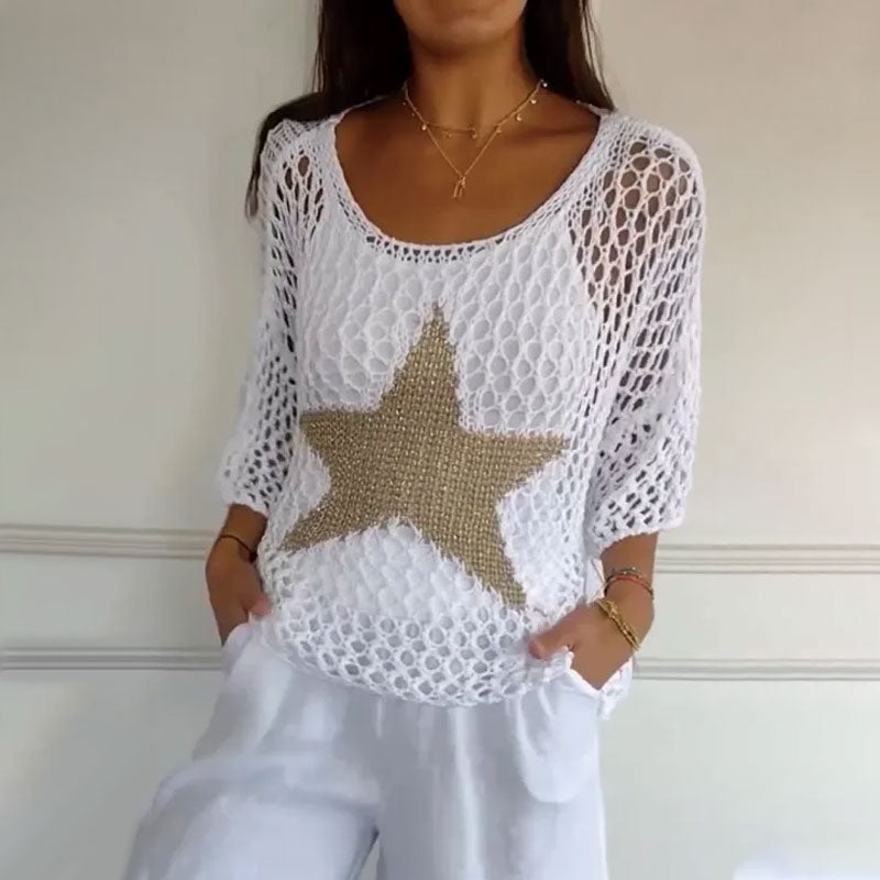 Knitted net top with round neck & crochet pattern - Noelle-White-M-The Livary