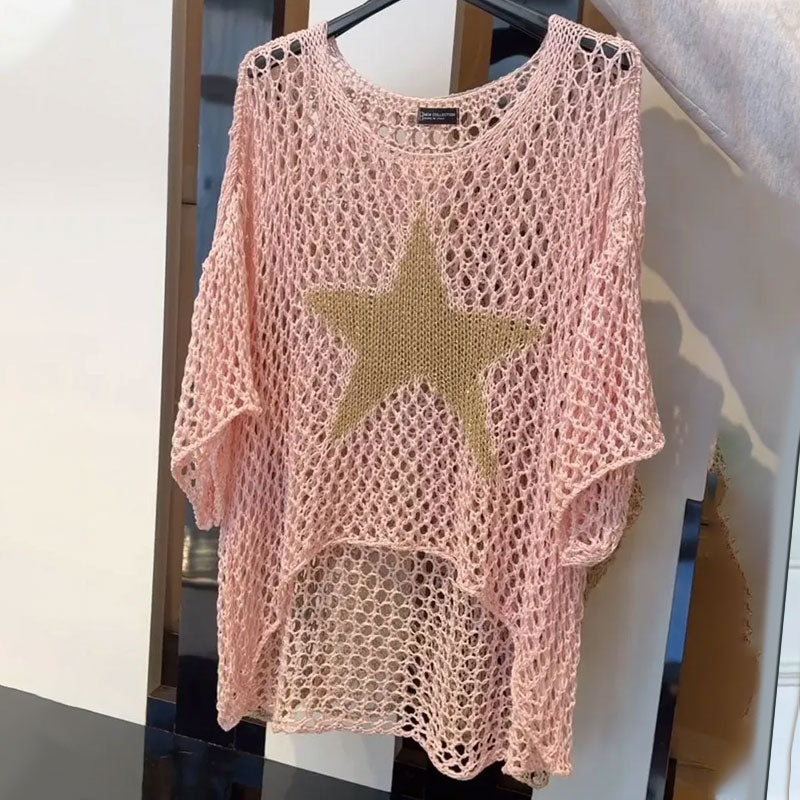 Knitted net top with round neck & crochet pattern - Noelle-White-M-The Livary