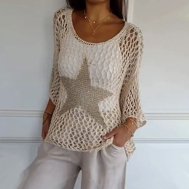 Knitted net top with round neck & crochet pattern - Noelle-White-M-The Livary