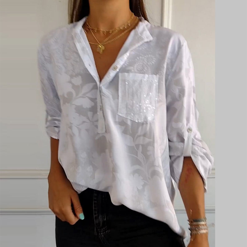 Fashionable women's top with V-neck and button placket – Amaya-White-S-The Livary