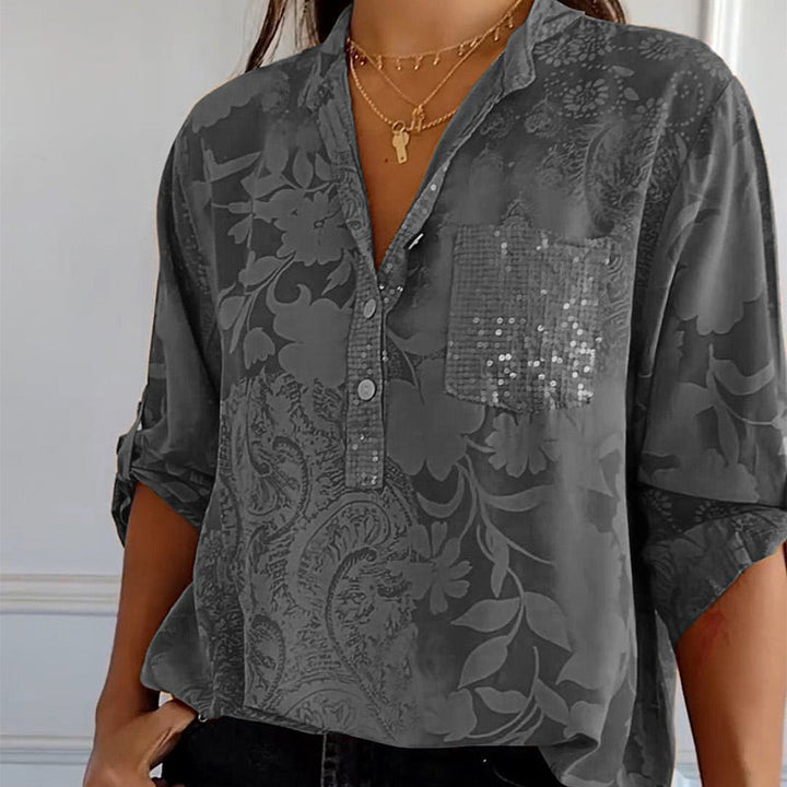 Fashionable women's top with V-neck and button placket – Amaya-Gray-S-The Livary