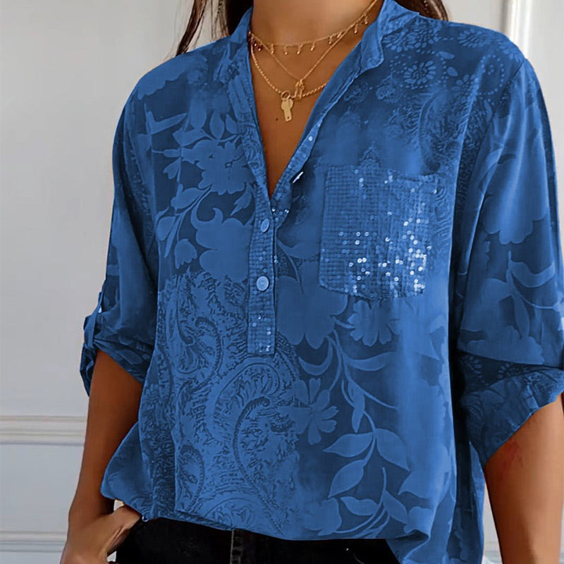Fashionable women's top with V-neck and button placket – Amaya-Blue-S-The Livary