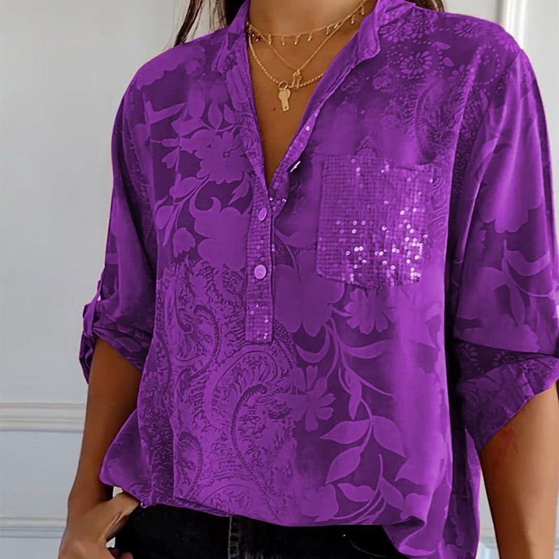 Fashionable women's top with V-neck and button placket – Amaya-Purple-S-The Livary