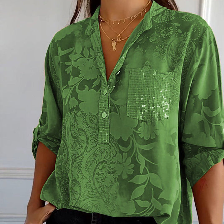 Fashionable women's top with V-neck and button placket – Amaya-Green-S-The Livary