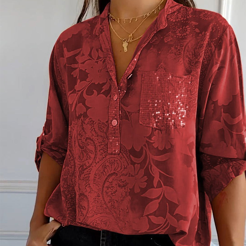 Fashionable women's top with V-neck and button placket – Amaya-Red-S-The Livary