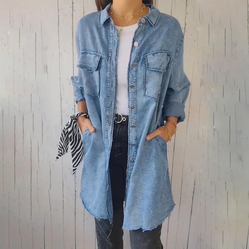 Comfortable Faux Denim Shirt - Sophie-Blue-M-The Livary