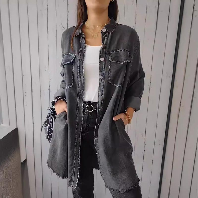 Comfortable Faux Denim Shirt - Sophie-Dark grey-M-The Livary