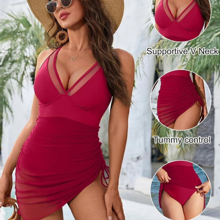 Shaped swimsuit dress with mesh insert & wrap look – Melina-Black-S-The Livary
