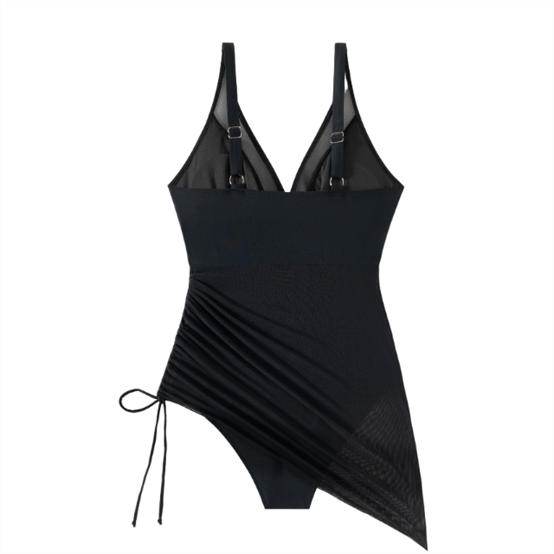 Shaped swimsuit dress with mesh insert & wrap look – Melina-Black-S-The Livary