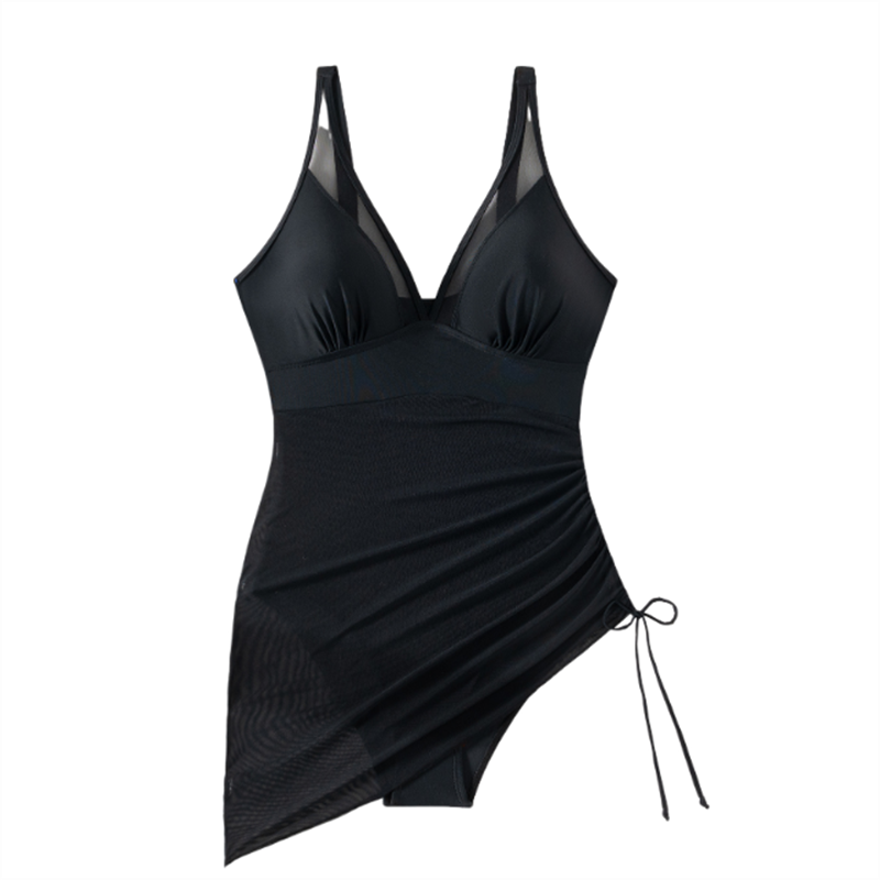 Shaped swimsuit dress with mesh insert & wrap look – Melina-Black-S-The Livary