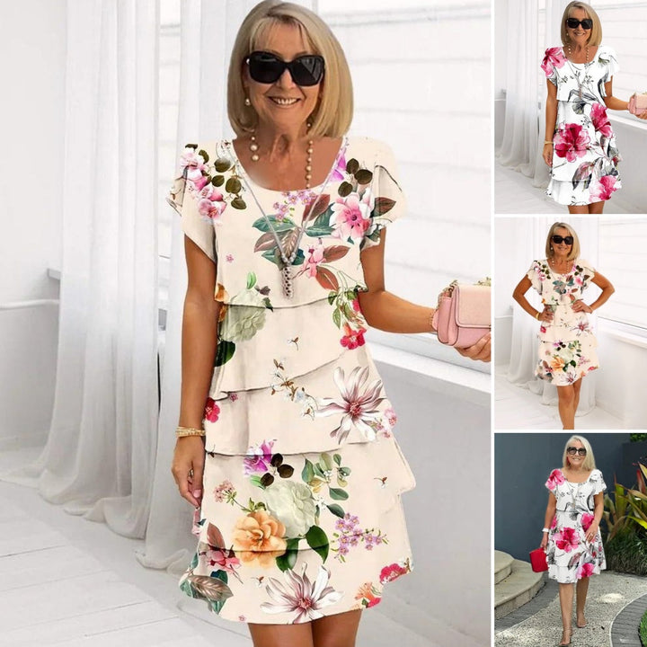 Floral waterfall summer dress with adjustable straps – Leona-Beige+Red-S-The Livary