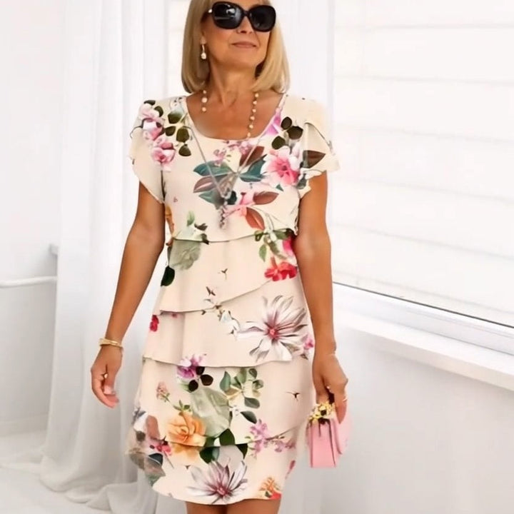 Floral waterfall summer dress with adjustable straps – Leona-Beige-S-The Livary