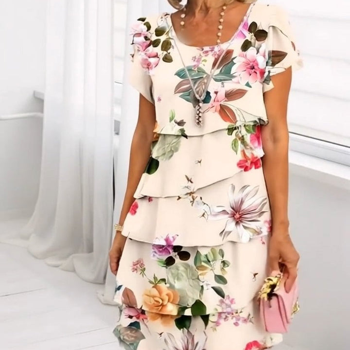 Floral waterfall summer dress with adjustable straps – Leona-Beige-S-The Livary
