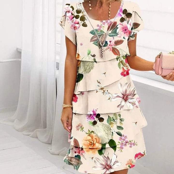 Floral waterfall summer dress with adjustable straps – Leona-Beige-S-The Livary