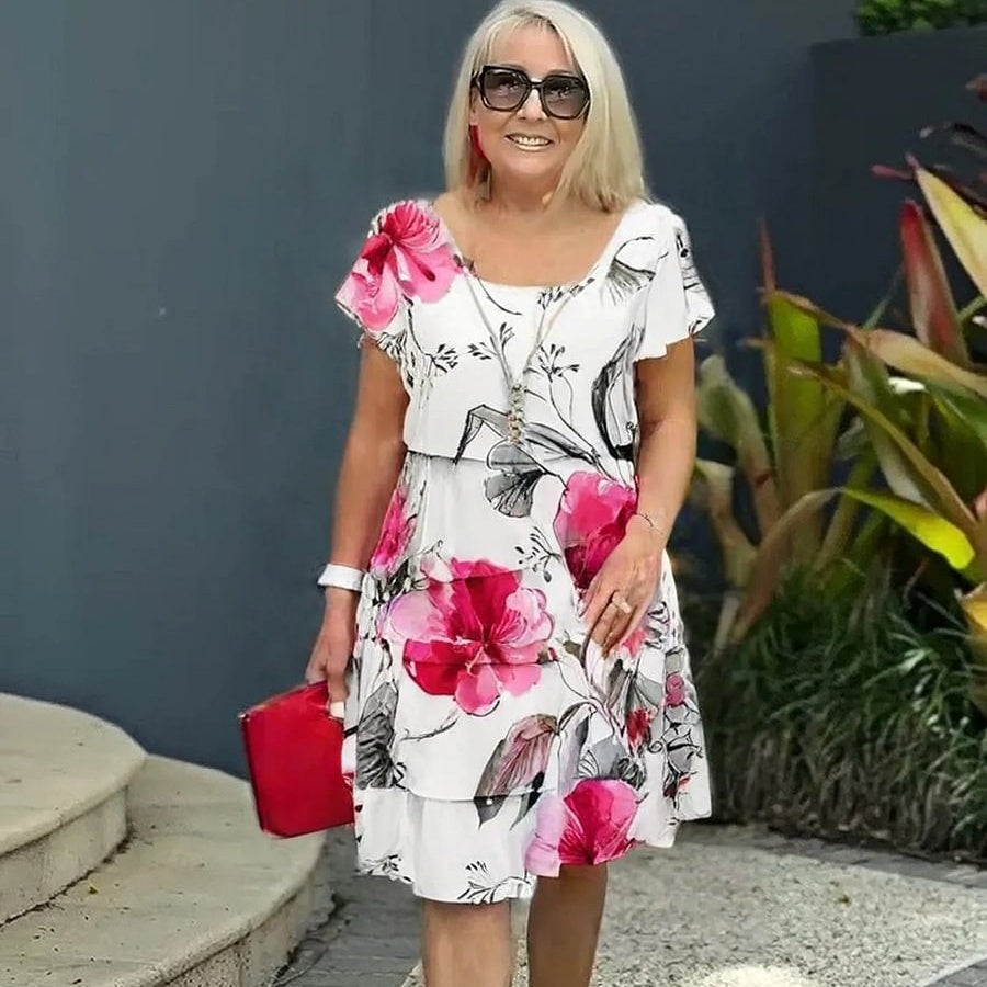 Floral waterfall summer dress with adjustable straps – Leona-Beige-S-The Livary